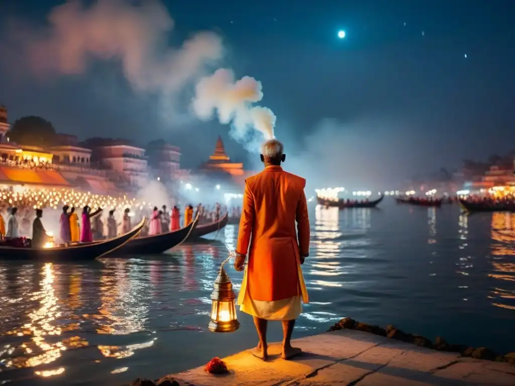 Misterios de Varanasi y rituales: Ceremonia nocturna de Ganga Aarti en los ghats, con sacerdotes y lámparas en la noche estrellada junto al Ganges