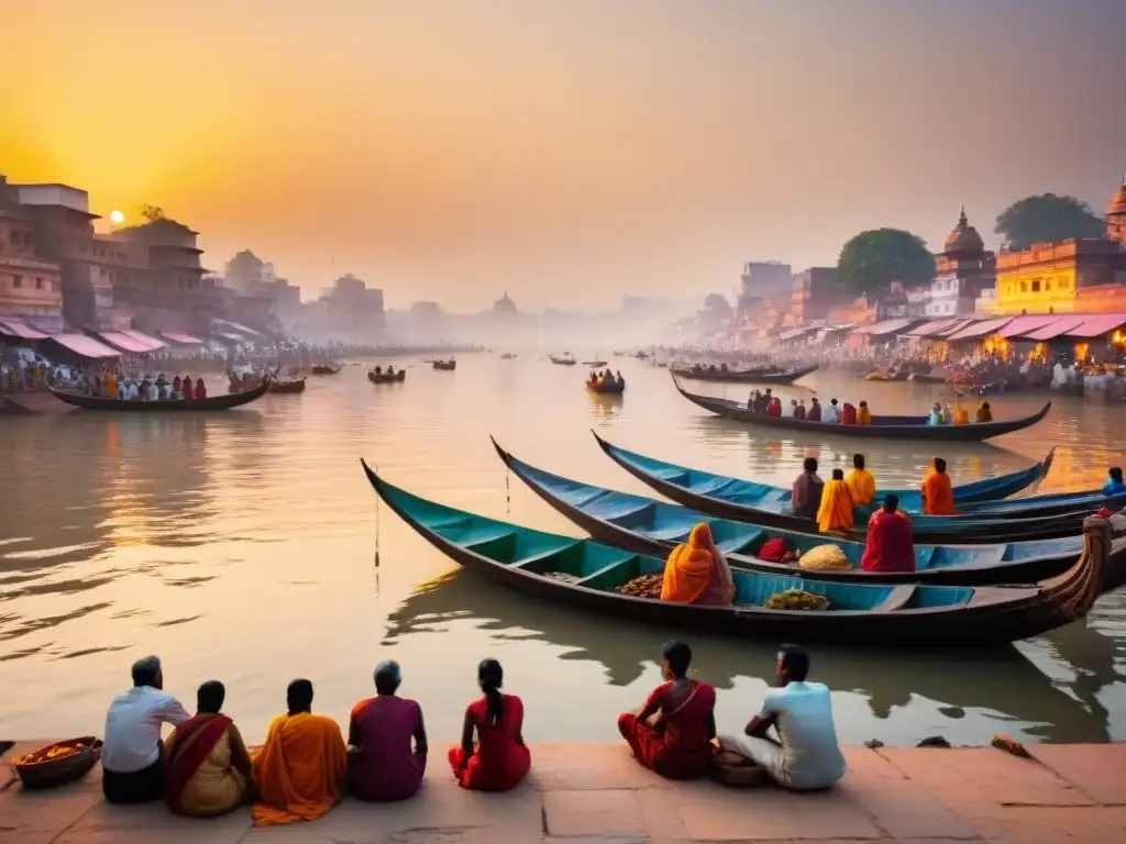 Misterios de Varanasi y rituales: Devotos en los ghats del Ganges al amanecer, con una atmósfera espiritual y serena