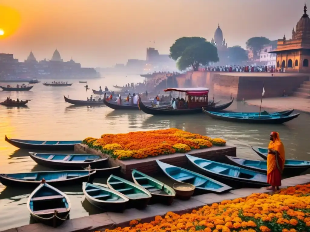 Misterios de Varanasi y rituales: Escena mística al amanecer en el Ganges con peregrinos y flores de caléndula