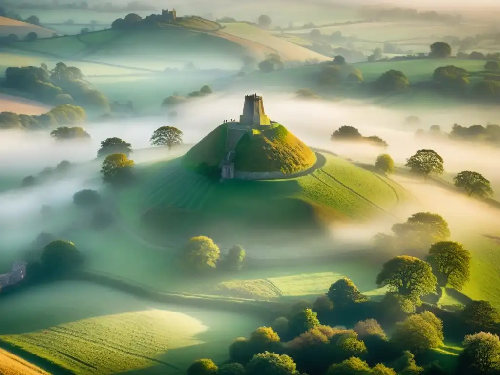 Misterios de Glastonbury Santo Grial: Torre de San Miguel sobre Tor, envuelta en neblina dorada al atardecer