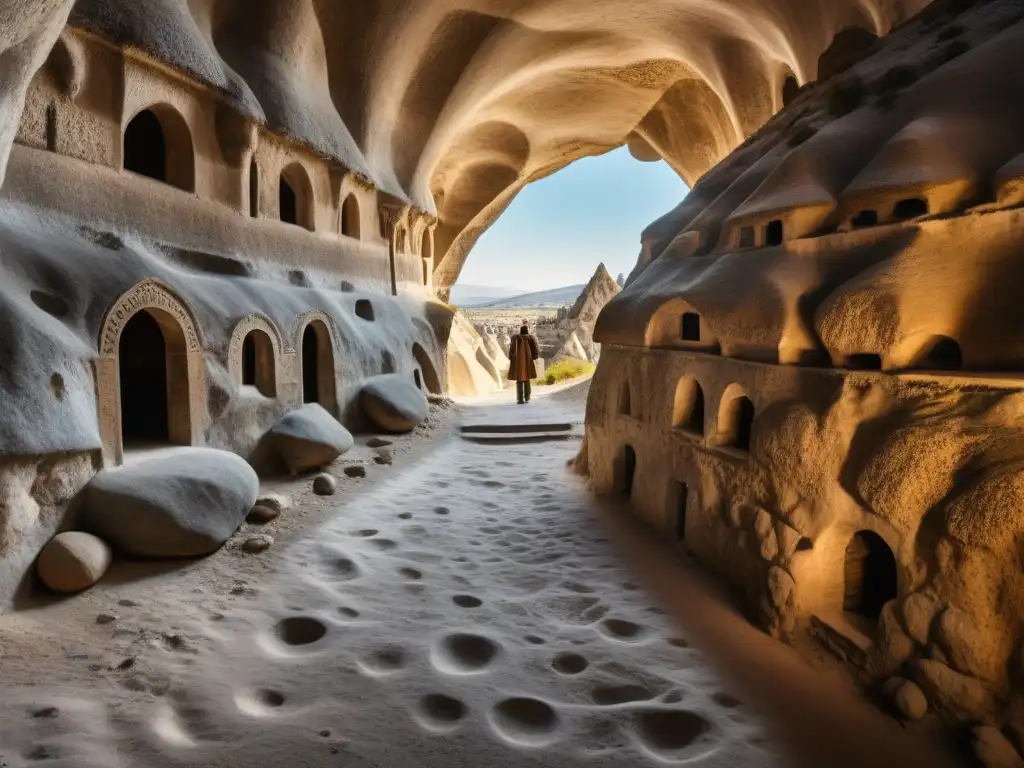 Explora los misterios túneles subterráneos Cappadocia iluminados por antorchas, revelando intrincadas esculturas y puertas en penumbra