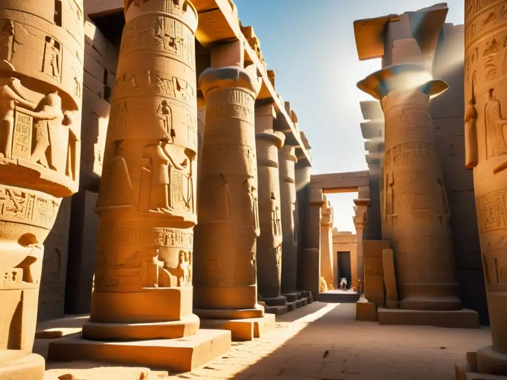 Descubre los misterios del Templo de Karnak en Luxor: majestuosas columnas y jeroglíficos iluminados por la luz del sol, visitantes maravillados