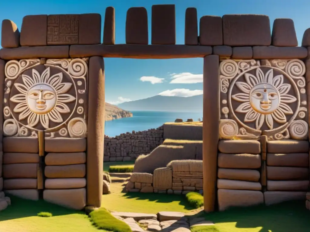 Misterios de Tiahuanaco en Titicaca: Intrincados grabados y símbolos en la Puerta del Sol, iluminados por el sol naciente