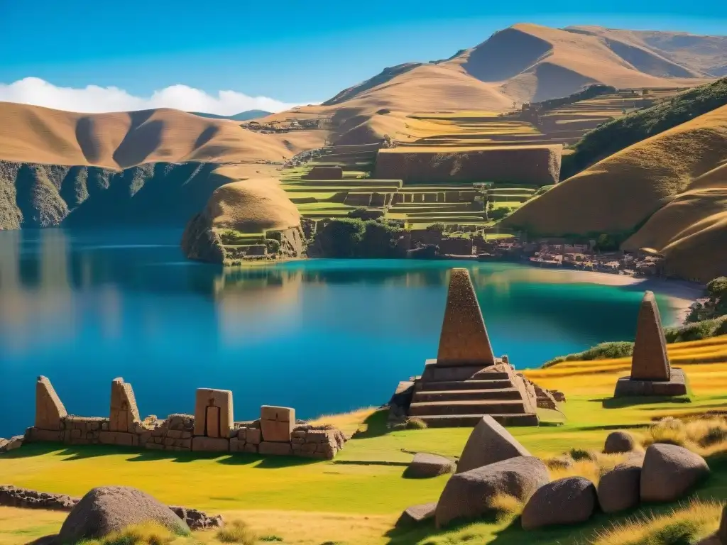 Misterios de Tiahuanaco en Titicaca: monolitos tallados con patrones geométricos, reflejados en el lago sereno