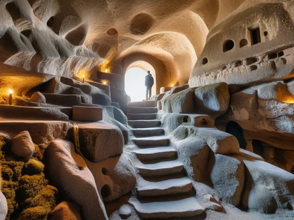 Explora los misterios túneles subterráneos de Cappadocia en Turquía, con pasadizos iluminados y sombras danzantes