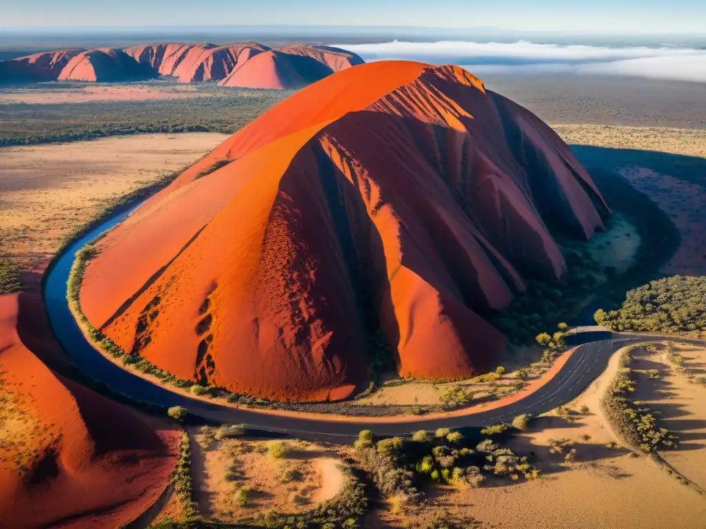 Misterios de Uluru en Australia: Vista aérea de Uluru al atardecer, sus tonos rojos y el cielo azul crean una atmósfera mística y única