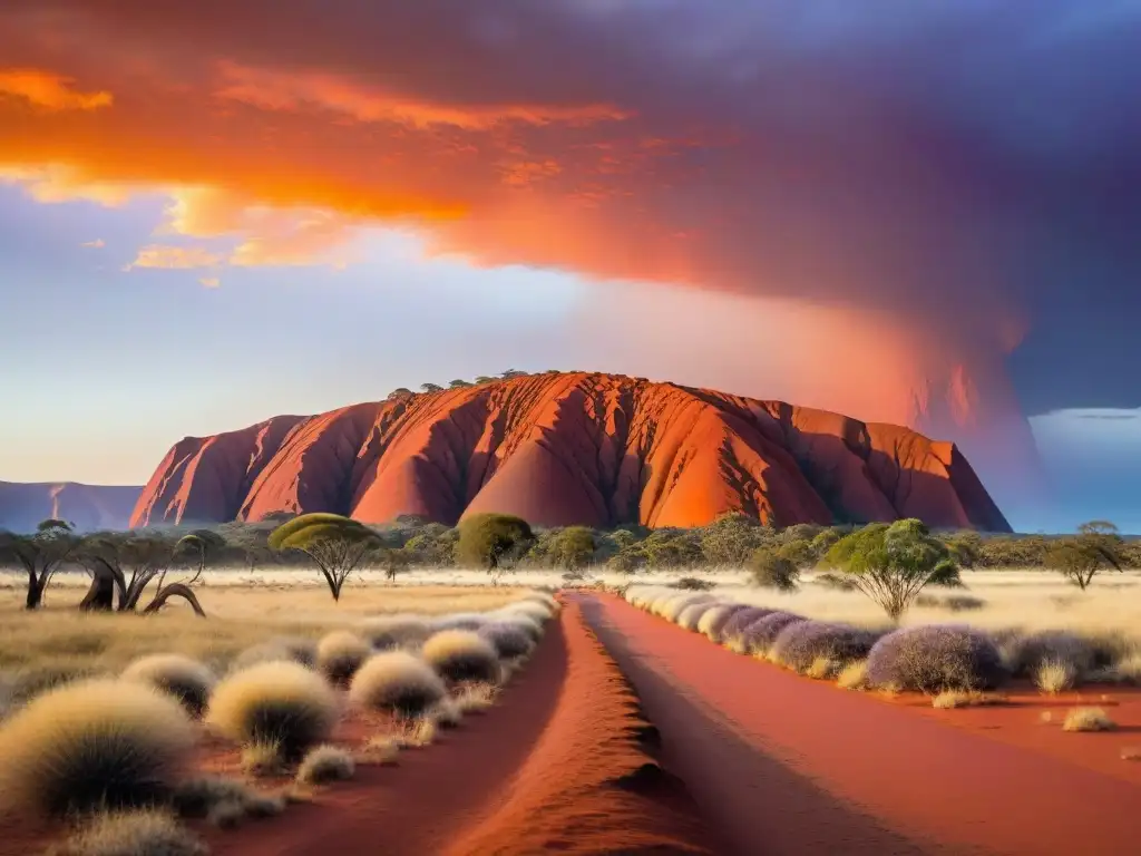 Misterios de Uluru en Australia: Detalle de las formaciones rocosas al atardecer, con un cielo pintado de rojo, naranja y morado