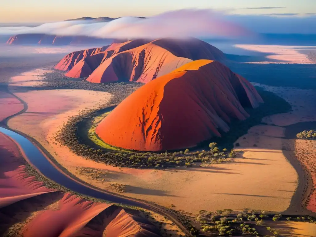 Misterios de Uluru en Australia: Majestuoso atardecer iluminando el icónico Uluru con tonos rojizos en un paisaje desértico