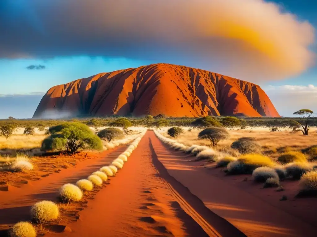 Misterios de Uluru en Australia: el orangeredo Uluru brillando bajo el sol australiano, revelando patrones y texturas únicos