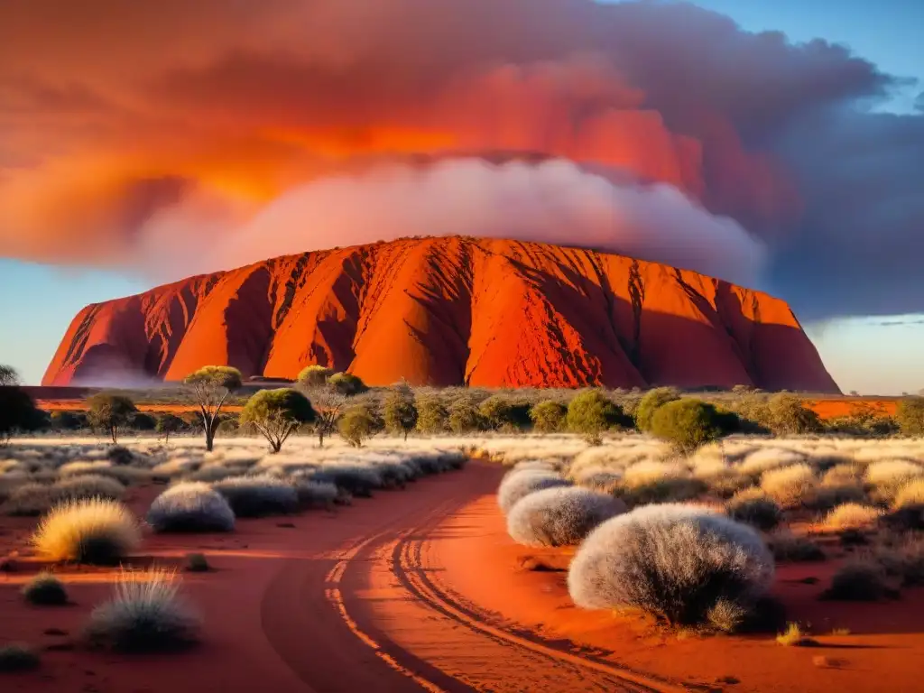 Misterios de Uluru en Australia: Uluru resplandece en rojo al atardecer, reflejando colores vibrantes en un escenario sagrado y místico