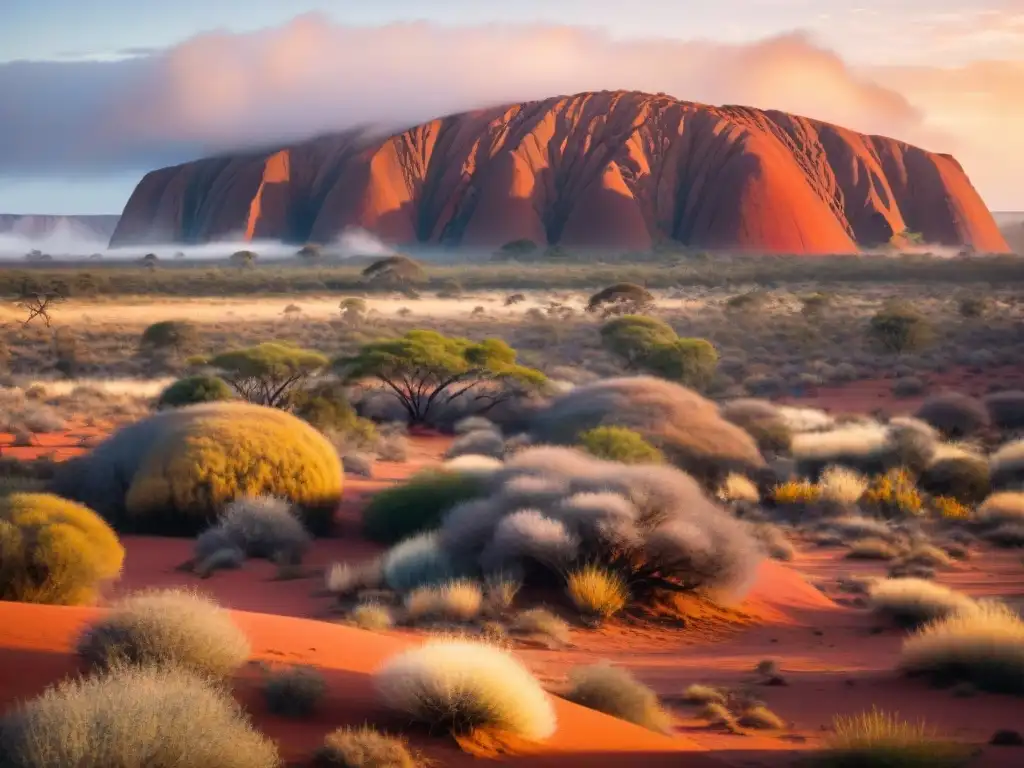 Misterios de Uluru en Australia: Amanecer en el vibrante desierto rojo con la majestuosa formación rocosa al fondo