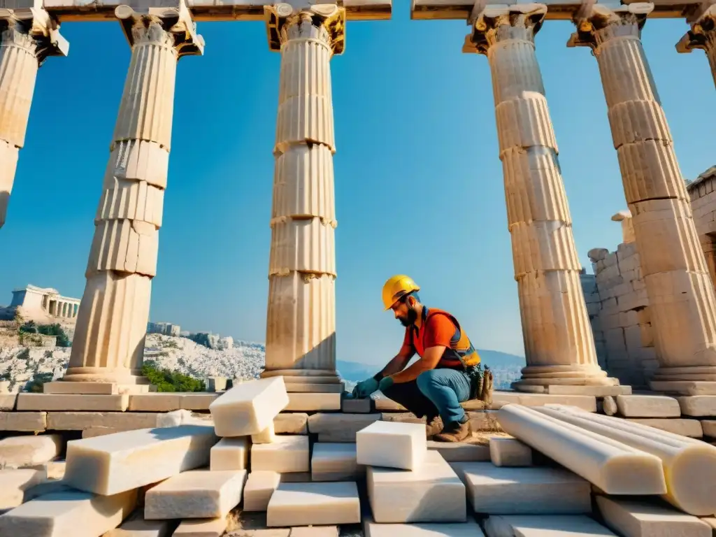 Misteriosa restauración en la Acrópolis de Atenas, con artesanos detalladamente trabajando en columnas de mármol antiguo bajo la luz y sombra