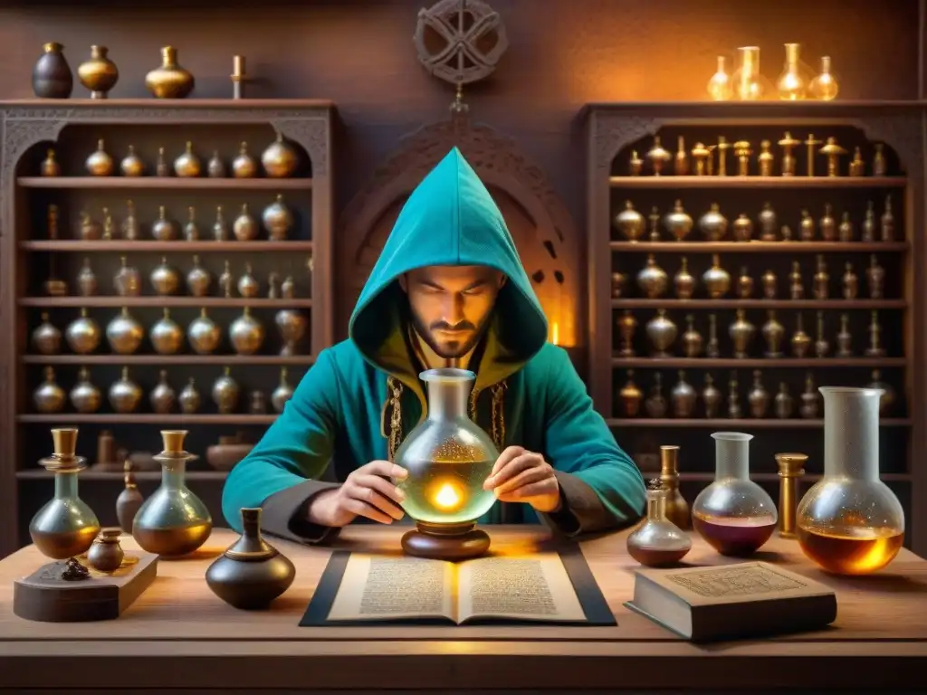 Antiguo laboratorio alquímico: misterios y gemas En la misteriosa alquimia antigua, un laboratorio rebosante de magia con gemas brillantes y símbolos enigmáticos