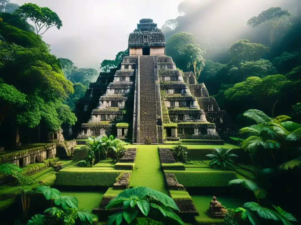 Misteriosa expedición en la antigua civilización maya, templo cubierto de musgo en la selva
