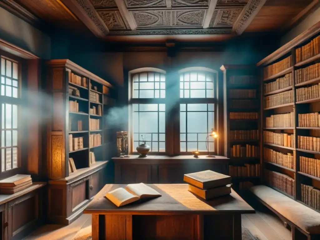 En una misteriosa biblioteca eslava antigua, estantes de madera repletos de pergaminos y libros en cirílico, iluminados por un rayo de luz