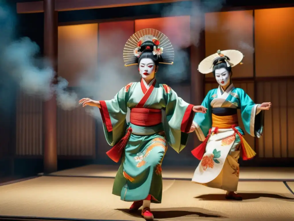 Misteriosa danza sagrada de la cultura japonesa con trajes coloridos y máscaras elaboradas