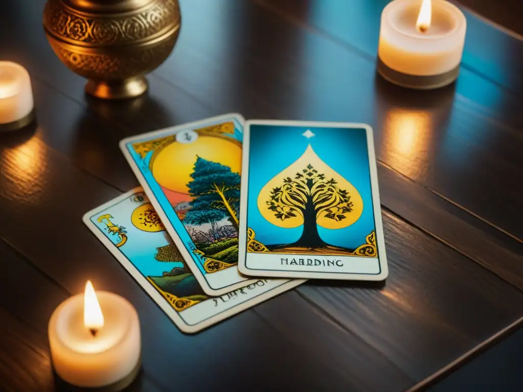 Una misteriosa y detallada lectura de cartas del tarot, iluminada por la luz de las velas