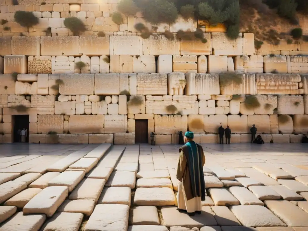 Jerusalén ciudad sagrada misteriosa: detalle del Muro Occidental al amanecer con fieles y rayos de sol