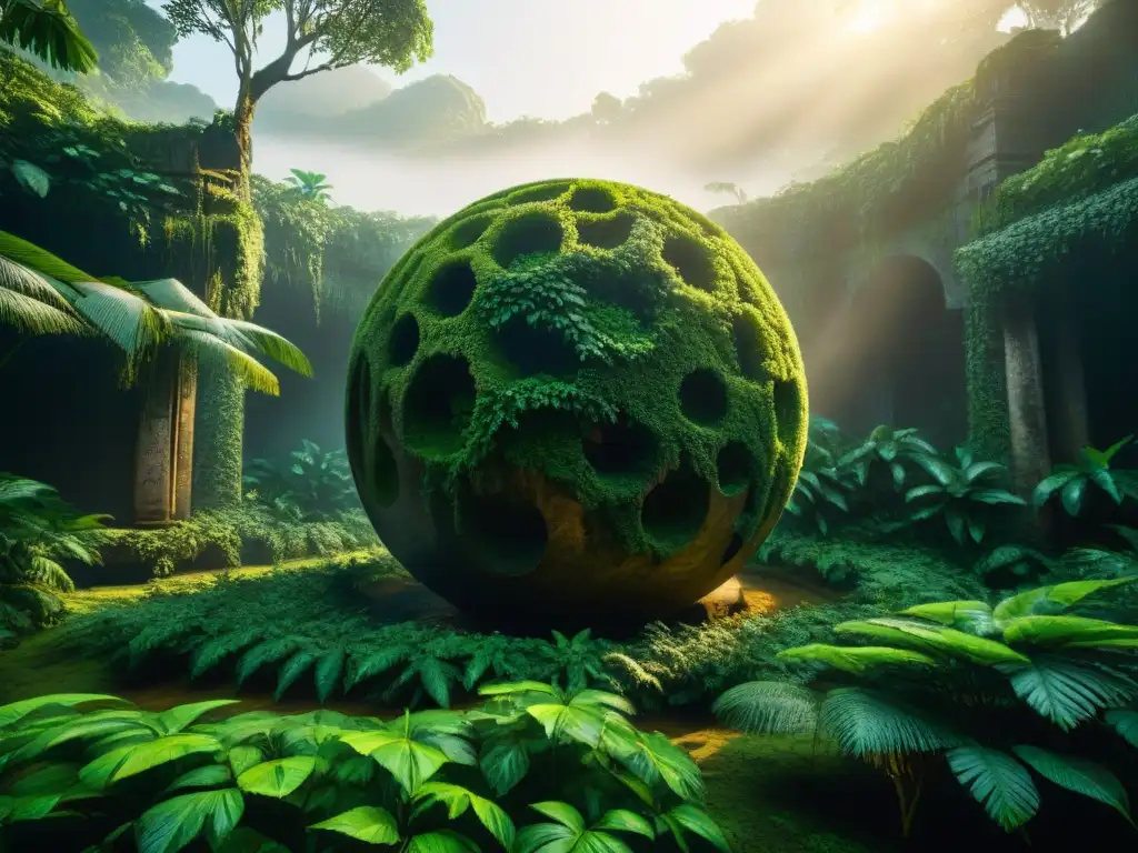 Misteriosa esfera de piedra entre vegetación exuberante y ruinas antiguas en la selva, evocando civilizaciones antiguas perdidas