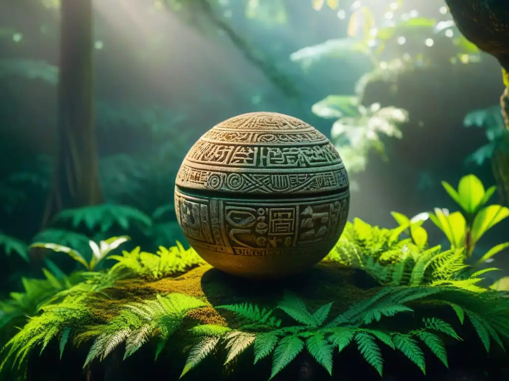 Misteriosa esfera de piedra semienterrada en la exuberante jungla, con antiguos grabados y símbolos