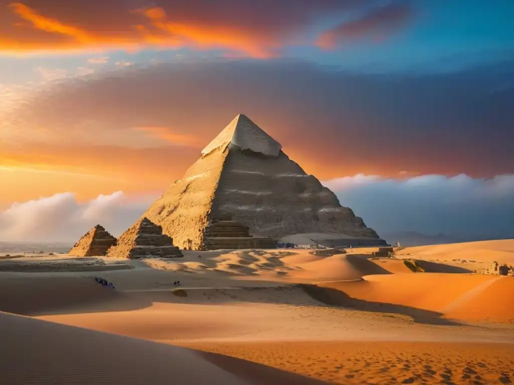 La misteriosa Esfinge de Giza se yergue al atardecer en el desierto, con su silueta majestuosa destacándose en el cielo anaranjado