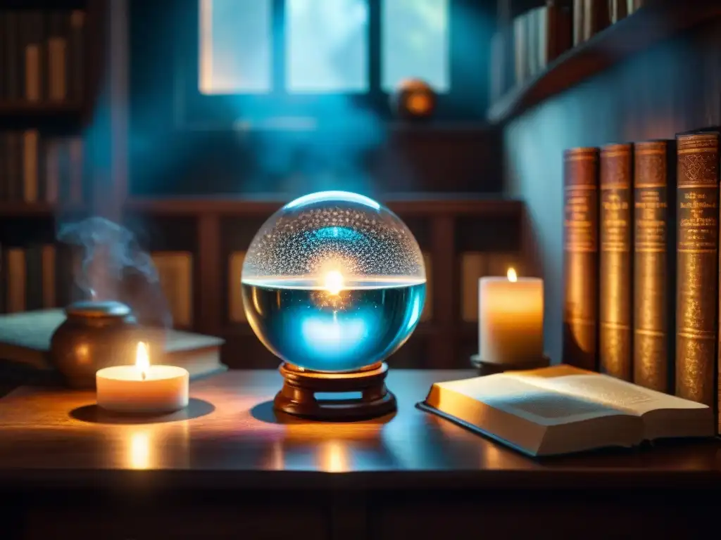 Una habitación misteriosa iluminada por una luz en un cristal, rodeada de libros antiguos y velas encendidas