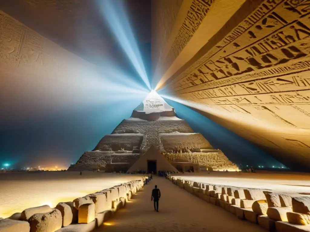 Misteriosa cámara iluminada por un rayo de luz en la Gran Pirámide de Giza durante rituales iniciación Antiguo Egipto