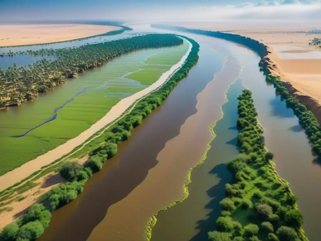 Esplendor del Nilo en época de inundación: contraste de vida y desierto La misteriosa inundación del Nilo ilumina la tierra, creando un paisaje de contrastes entre lo fértil y lo árido