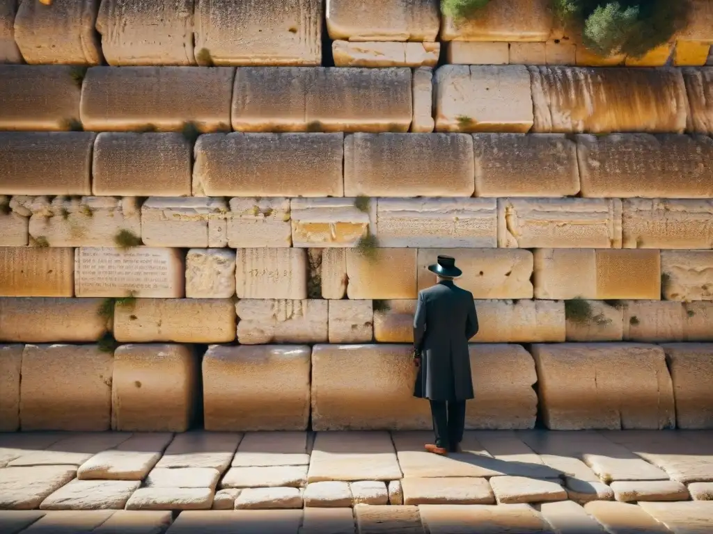 Jerusalén ciudad sagrada misteriosa: muro occidental al amanecer, luz dorada entre las piedras antiguas y oraciones