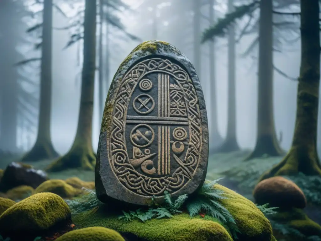 Una misteriosa runa vikinga tallada en piedra, rodeada de niebla en un bosque nórdico