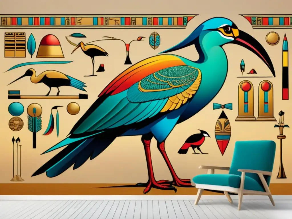 Misteriosa simbología zoología en misticismo antiguo representada en un mural egipcio detallado con ibis, gato y halcón en vibrantes colores