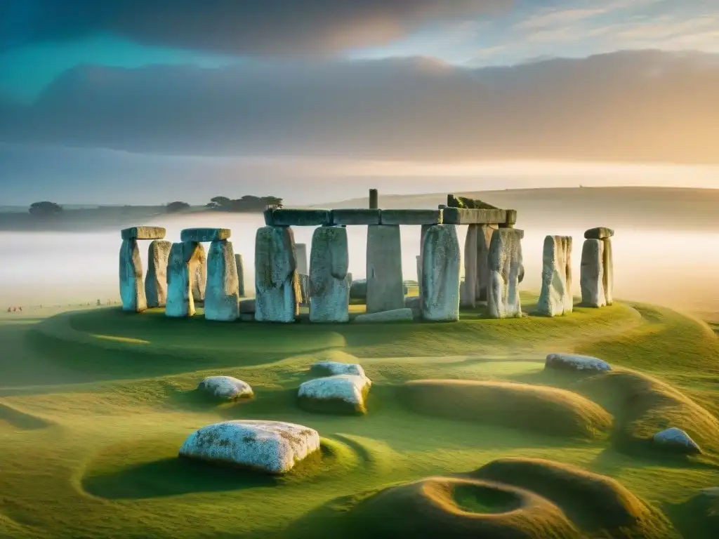 Misteriosa vista aérea de Stonehenge al amanecer, con eclipses prehistoria Stonehenge misterios en el horizonte