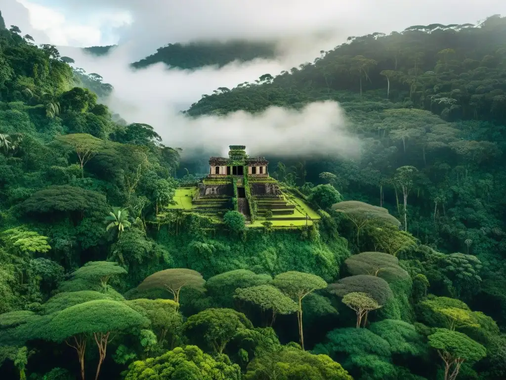 Misteriosas civilizaciones antiguas de la Amazonía, ruinas de templo entre exuberante vegetación