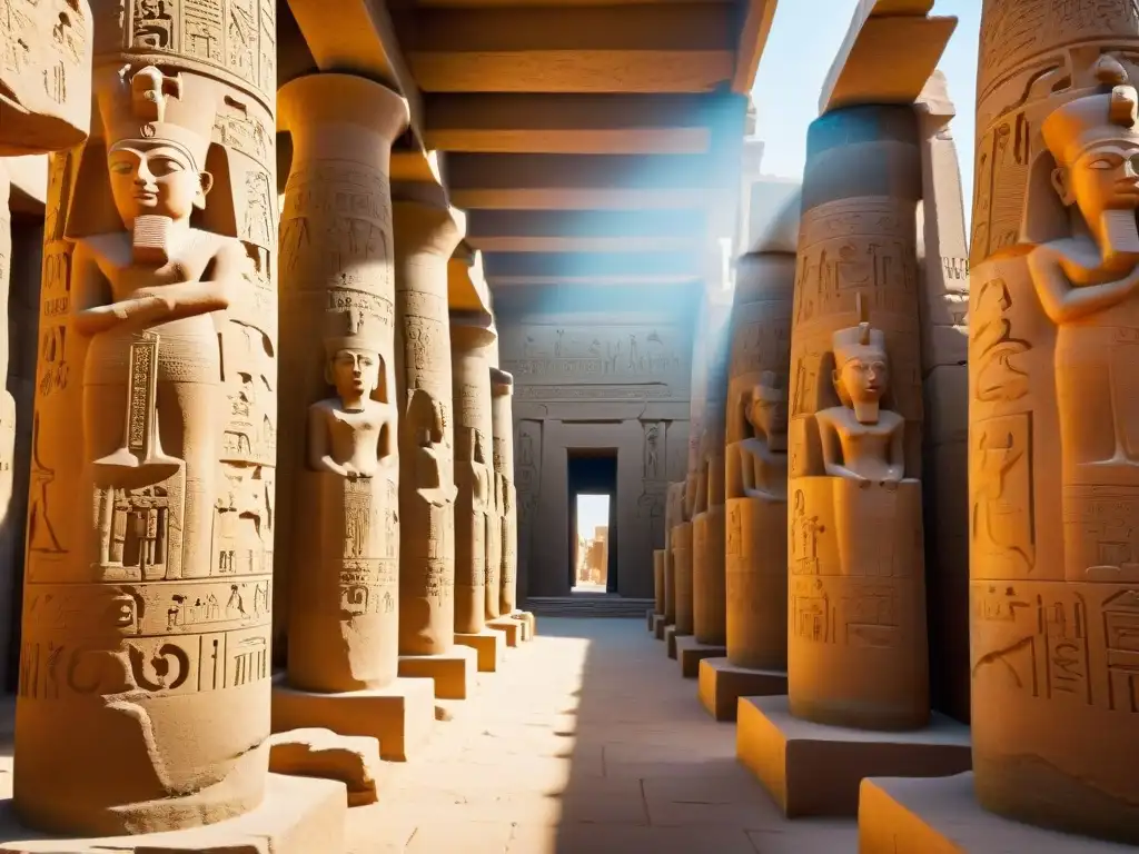 Misteriosas civilizaciones: Detalle de la restauración del Templo de Karnak, con imponentes columnas y jeroglíficos en sombras