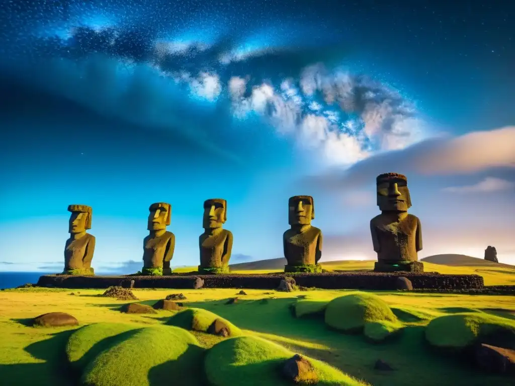 Misteriosas estatuas gigantes de la Isla de Pascua bajo un cielo estrellado, creando una atmósfera de enigma y maravilla