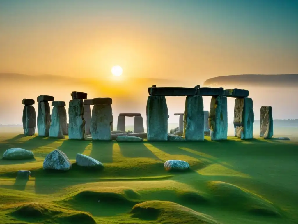 Alba mágica en Stonehenge: alineación solar en solsticio Misterioso altar de Stonehenge iluminado por el sol en el solsticio de verano, evocando admiración por su conexión celestial