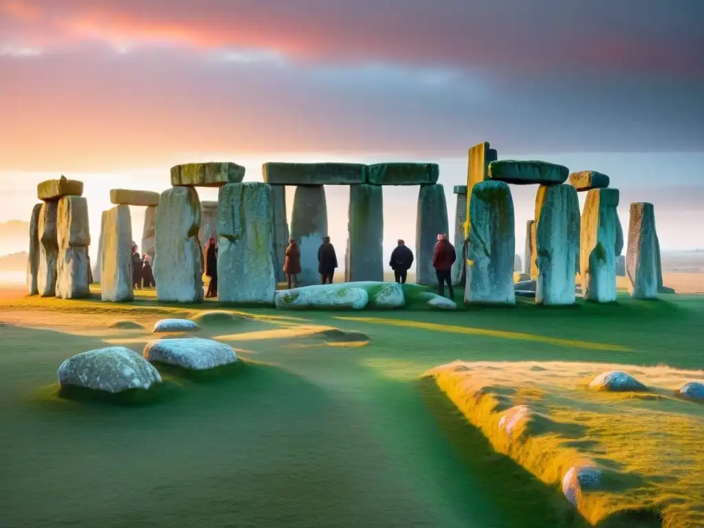Amanecer mágico en Stonehenge: Solsticio de invierno Un misterioso altar de Stonehenge en el solsticio de invierno, con observadores impresionados bajo un cielo místico