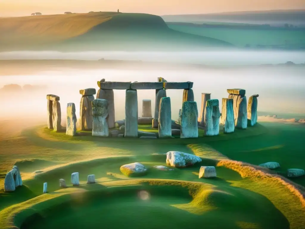 Un misterioso amanecer en Stonehenge con una resurrección digital de sus misterios, envuelto en una bruma mística