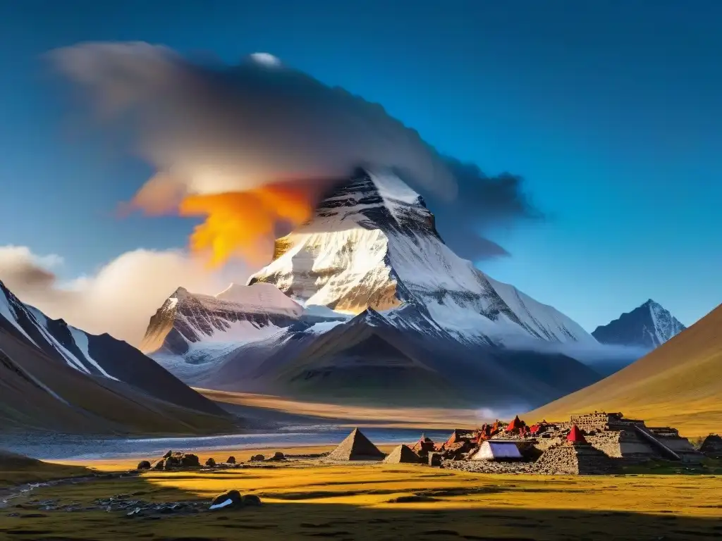 Misterioso amanecer sobre el majestuoso Monte Kailash en el Tíbet, con paisaje espiritual y cultural