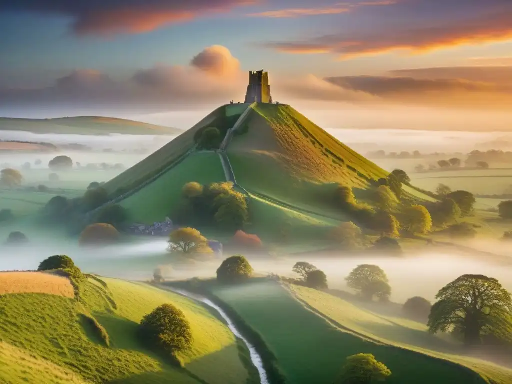 El misterioso Glastonbury Tor se alza contra un atardecer vibrante, reflejando la magia ancestral de los Misterios de Glastonbury Santo Grial