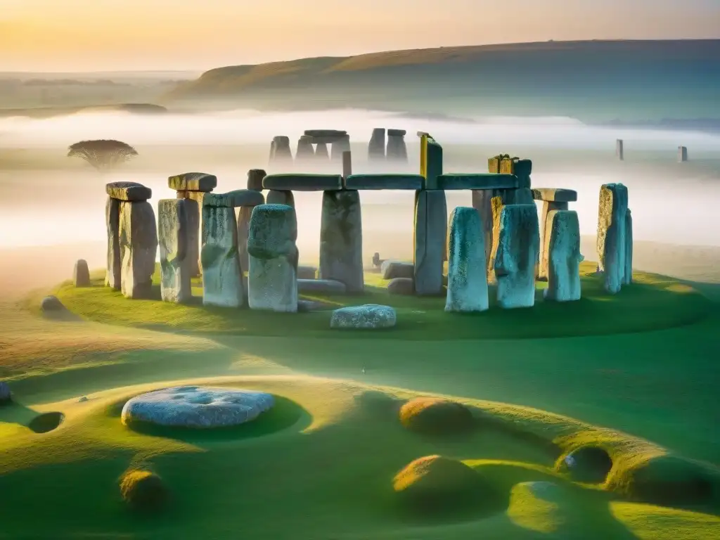 Misterioso Stonehenge al amanecer durante un eclipse, envuelto en niebla, revelando su conexión con los eclipses prehistoria Stonehenge misterios