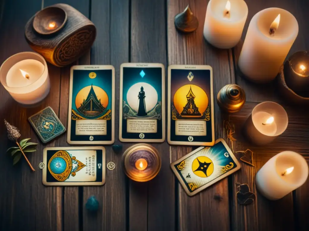 Un misterioso grupo de Cartas del Tarot significado profundo en una mesa de madera iluminadas por velas