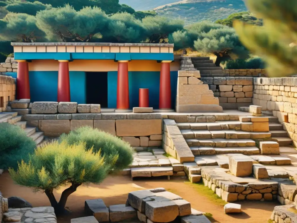 Descubre el misterioso laberinto de Creta con columnas rojas y frescos de toros, bajo el sol mediterráneo