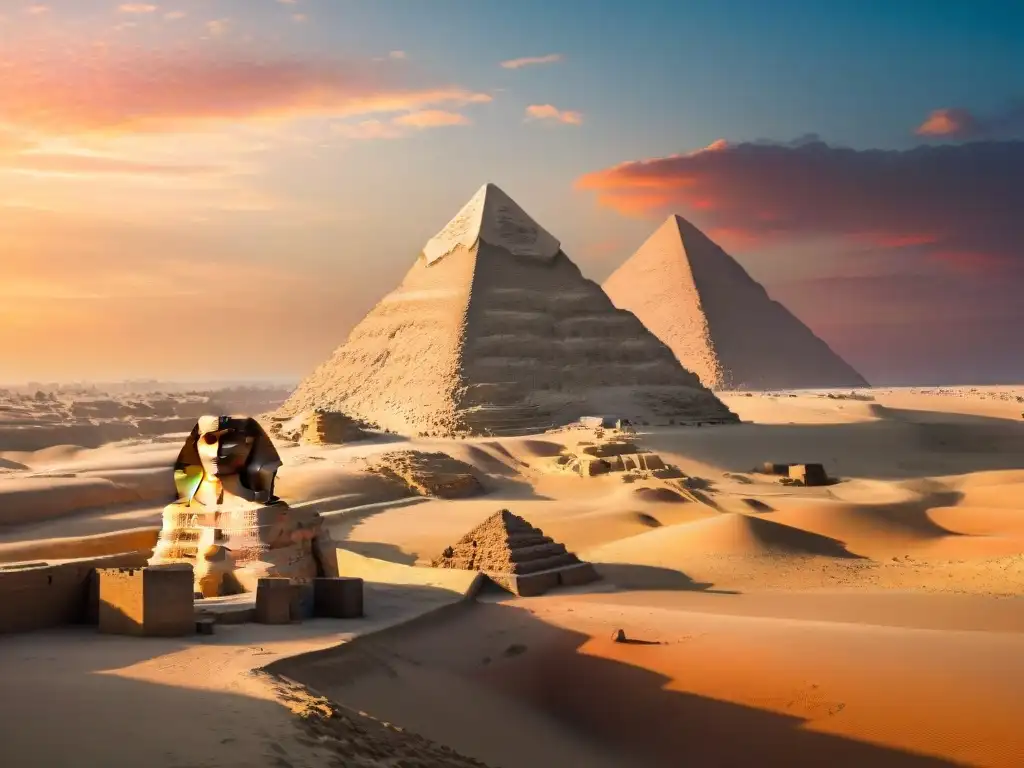 El misterioso y majestuoso Esfinge de Giza al atardecer, iluminado por tonos naranjas y rosados en el cielo