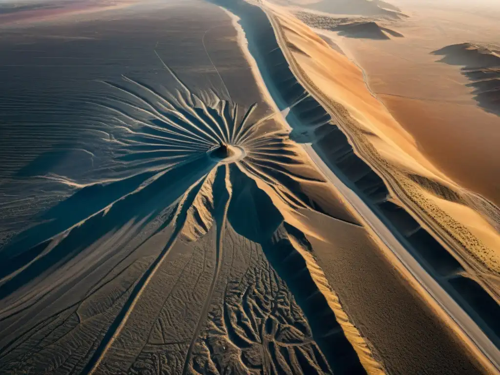 Misterioso mensaje estelar en las enigmáticas líneas de Nazca, con sombras alargadas bajo el sol matutino en el desierto peruano