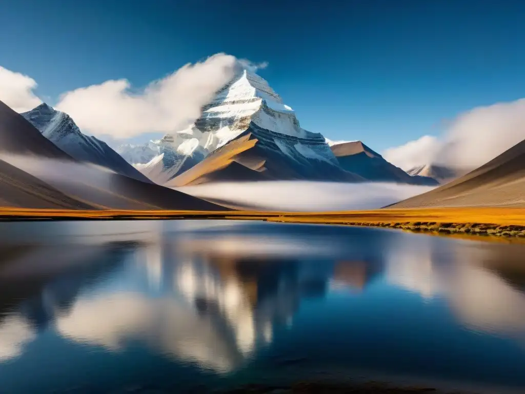 Misterioso Monte Kailash en el Tíbet, reflejando su grandeza al amanecer sobre el lago Manasarovar