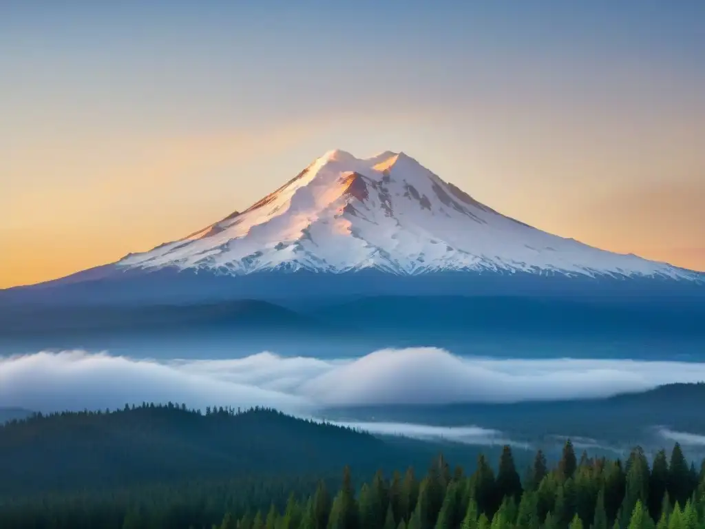 El misterioso Monte Shasta envuelto en niebla con el sol saliendo, revelando secretos espirituales