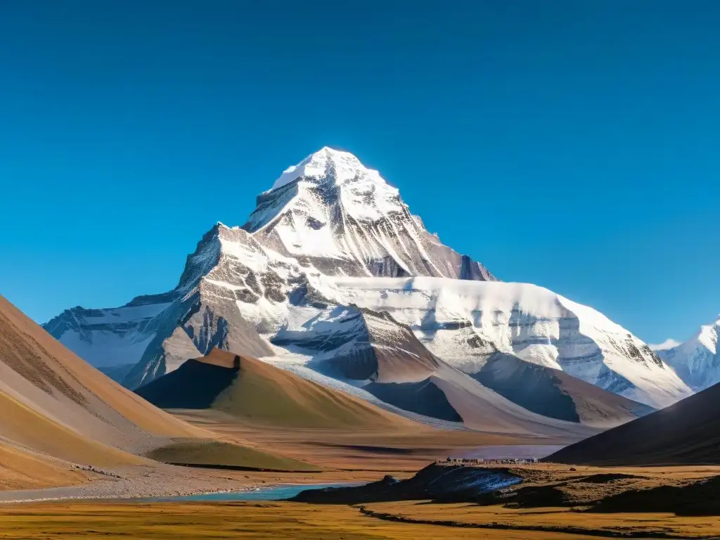 Misterioso Monte Kailash en el Tíbet: pico nevado, terreno rugoso, banderas de oración y cielo azul