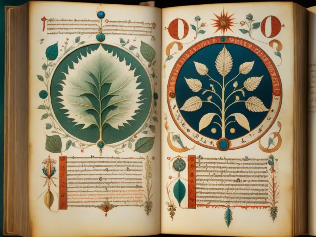 Enigmas ancestrales: Página ilustrada del Manuscrito Voynich Un misterioso pergamino con ilustraciones detalladas de plantas y símbolos astronómicos, iluminado por una luz cálida