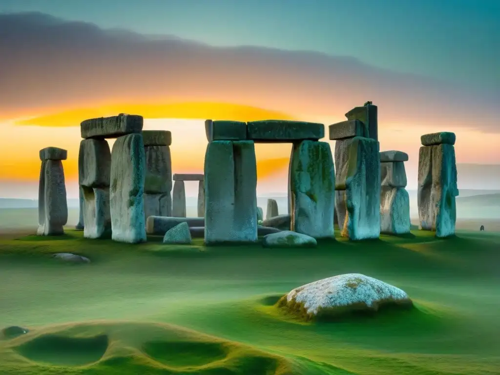 Misterioso Stonehenge al amanecer, piedras antiguas bañadas en luz dorada, evocando un portal a otro mundo